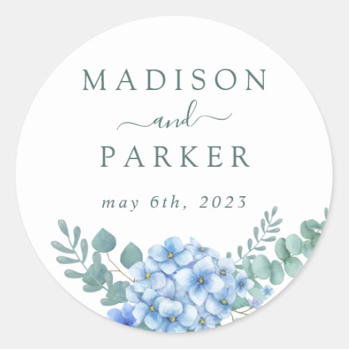 Blue Hydrangea Floral Wedding Classic Round Sticker