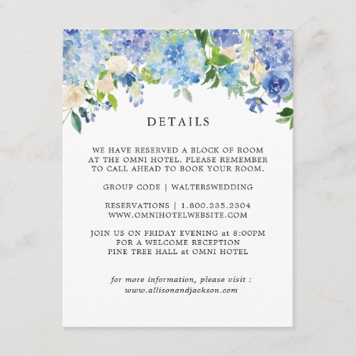 Blue Hydrangea Floral Wedding Details Cards
