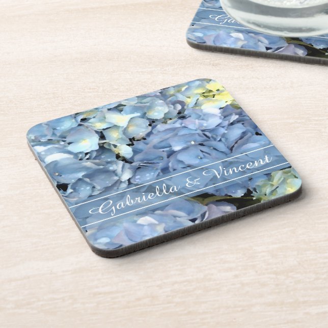Blue Hydrangea Floral Wedding Drink Coaster (Left Side)