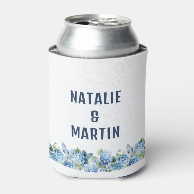 Blue Hydrangea Floral Wedding Favor Can Cooler (Can Front)
