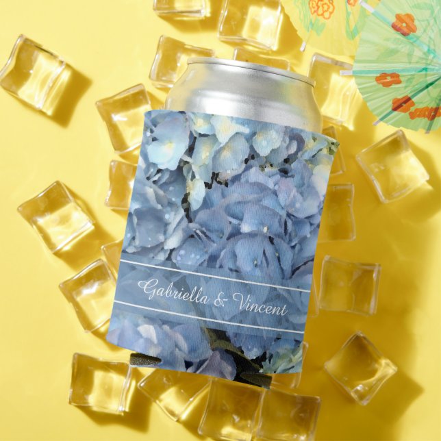 Blue Hydrangea Floral Wedding Favor Can Cooler (In Situ Summer)
