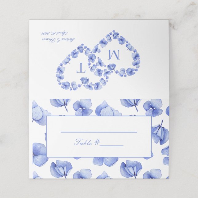 Blue Hydrangea Floral Wedding Folded Place Card (Outside Unfolded)