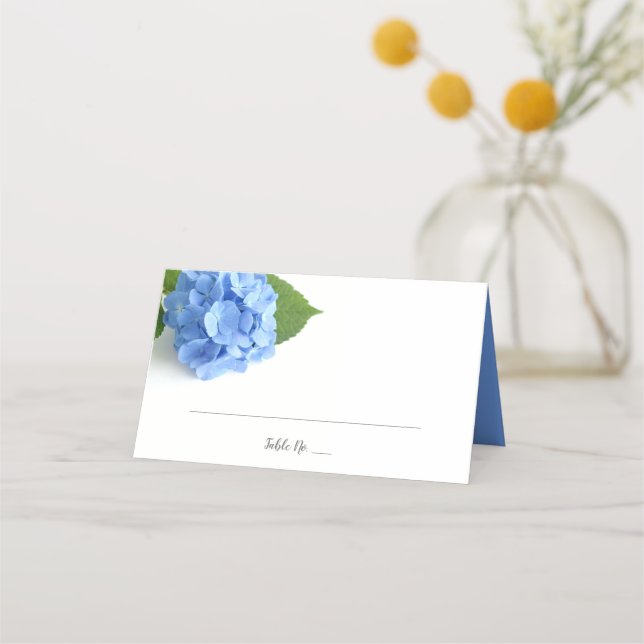 Blue Hydrangea Floral Wedding Folded Place Card (Front)