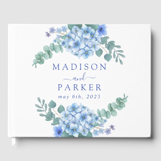 Blue Hydrangea Floral Wedding Guest Book (Front)