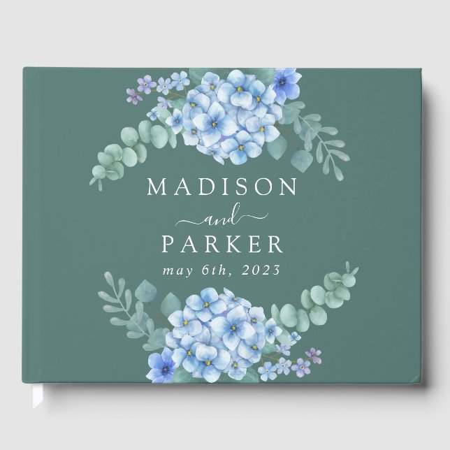 Blue Hydrangea Floral Wedding Guest Book (Front)