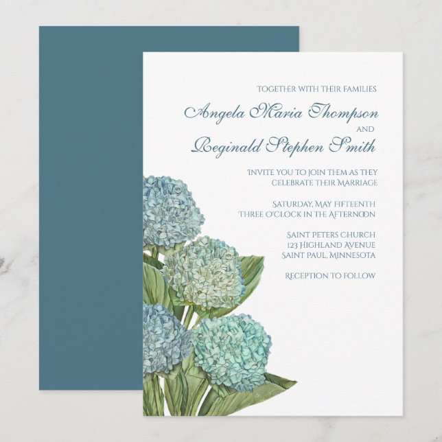 Blue Hydrangea Floral Wedding Invitation (Front/Back)