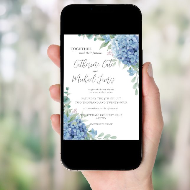 Blue Hydrangea Floral Wedding Invitation (Front Digital)