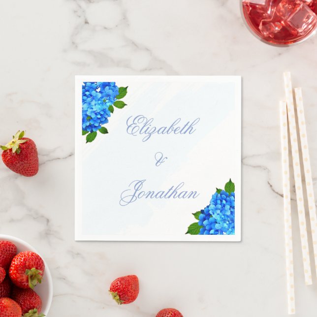 Blue Hydrangea Floral Wedding Napkins (Insitu)