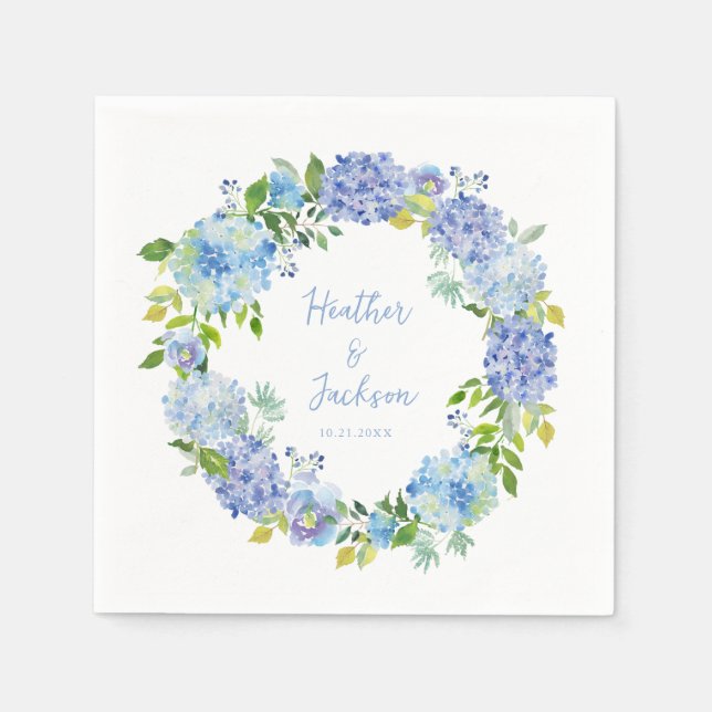 Blue Hydrangea Floral Wedding Paper Napkin (Front)