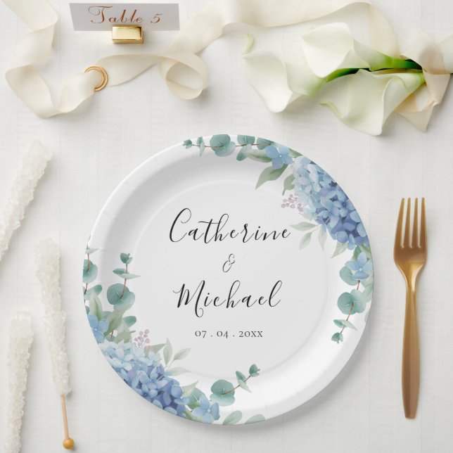 Blue Hydrangea Floral Wedding  Paper Plates (Wedding)