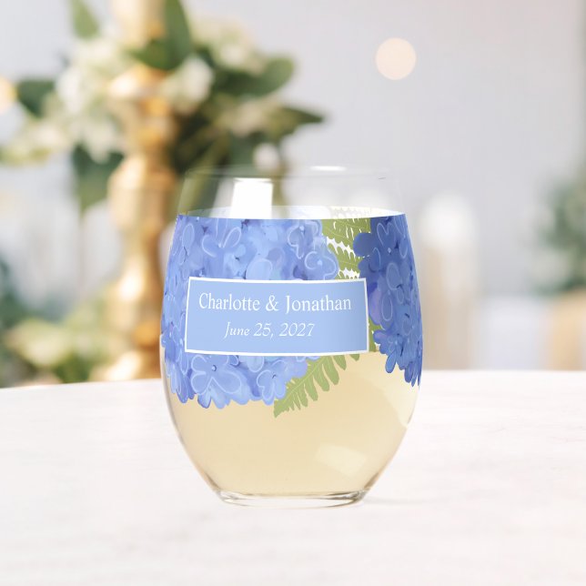 Blue Hydrangea Floral Wedding Personalized Names Stemless Wine Glass (Insitu (Wedding))