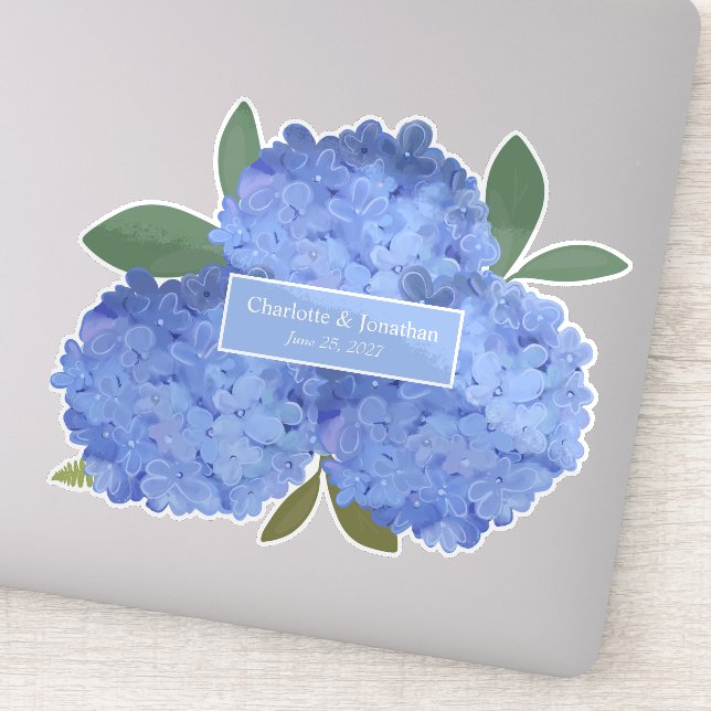 Blue Hydrangea Floral Wedding Personalized Names Sticker (Detail)