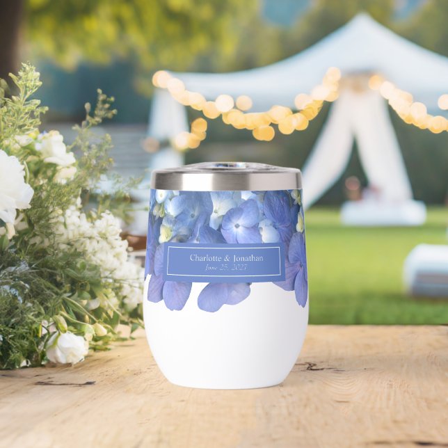 Blue Hydrangea Floral Wedding Personalized Names Thermal Wine Tumbler (Wedding (Rotated))