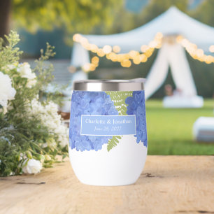 Blue Hydrangea Floral Wedding Personalized Names Thermal Wine Tumbler