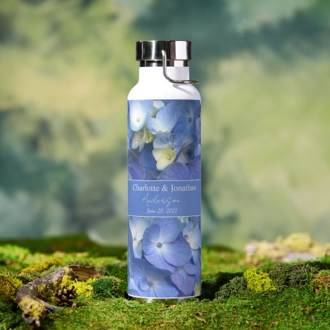 Blue Hydrangea Floral Wedding Personalized Names Water Bottle (Outdoor (Rotated))
