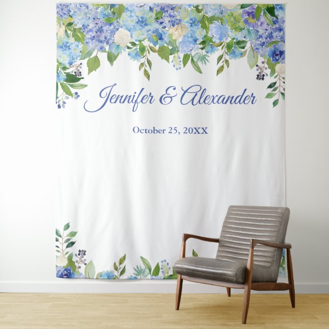 Blue Hydrangea Floral Wedding Photo Booth Backdrop (In Situ)
