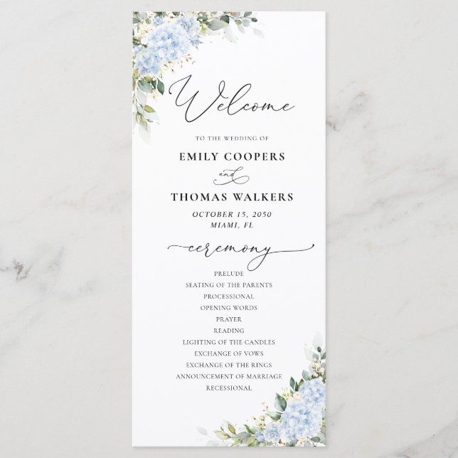 Blue Hydrangea Floral Wedding Program (Front)