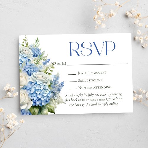 Blue Hydrangea Floral Wedding QR Code Website RSVP Card