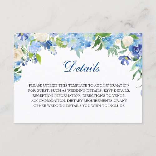 Blue Hydrangea  Floral Wedding Reception Details Enclosure Card