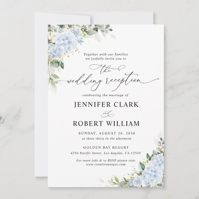 Blue Hydrangea Floral Wedding Reception Invitation (Front)