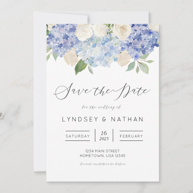 Blue Hydrangea Floral Wedding Save the Date Invitation (Front)