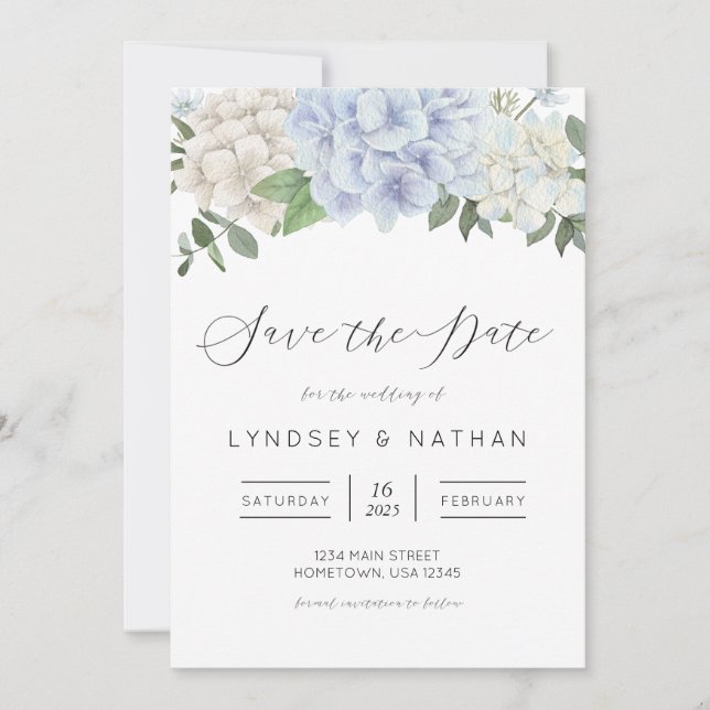 Blue Hydrangea Floral Wedding Save the Date Invitation (Front)