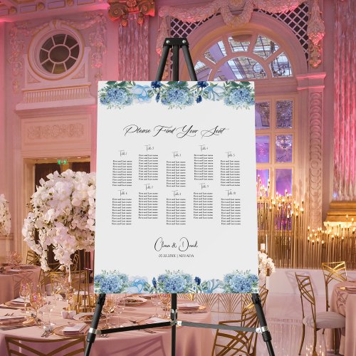 Blue Hydrangea Floral Wedding Seating Chart  Foam Board