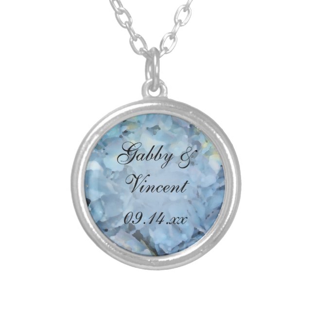 Blue Hydrangea Floral Wedding Silver Plated Necklace (Front)
