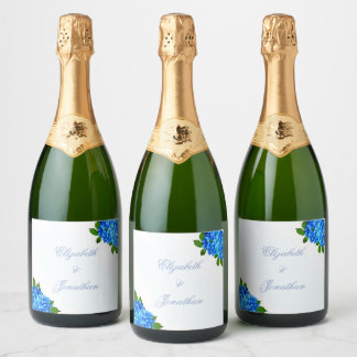 Blue Hydrangea Floral Wedding Sparkling Wine Label