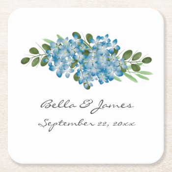 Blue Hydrangea Floral Wedding  Square Paper Coaster by FancyMeWedding at Zazzle