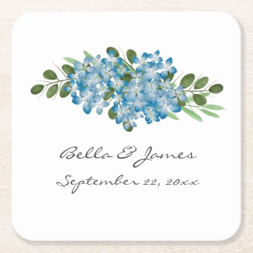 Blue Hydrangea Floral Wedding  Square Paper Coaster