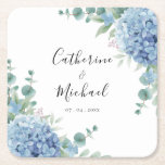 Blue Hydrangea Floral Wedding  Square Paper Coaster<br><div class="desc">Blue hydrangeas on a white background beautiful bridal shower or wedding paper coaster.  A perfect coaster for any season. The watercolor hydrangeas are just beautiful.  Classy & chic.</div>