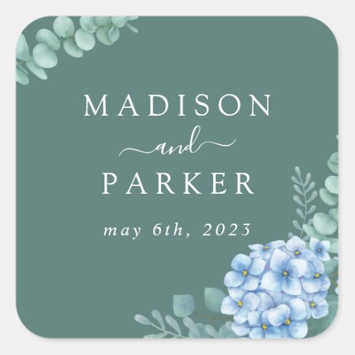Blue Hydrangea Floral Wedding Square Sticker