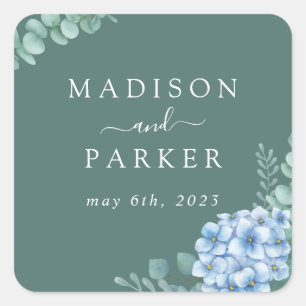Blue Hydrangea Floral Wedding Square Sticker