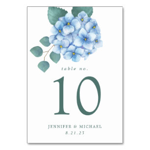 Blue Hydrangea Floral Wedding Table Number