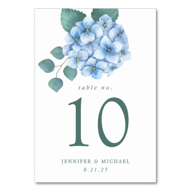 Blue Hydrangea Floral Wedding Table Number (Front)