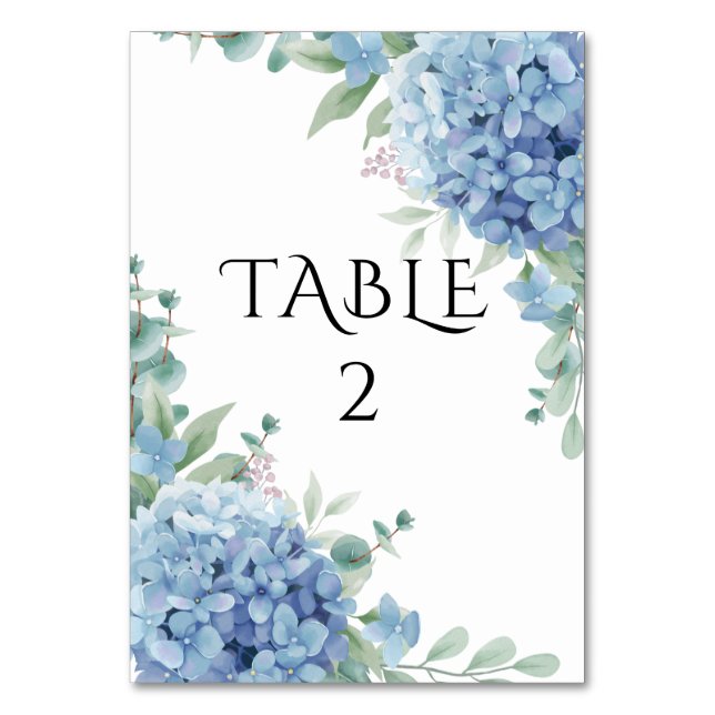 Blue Hydrangea Floral Wedding  Table Number (Front)