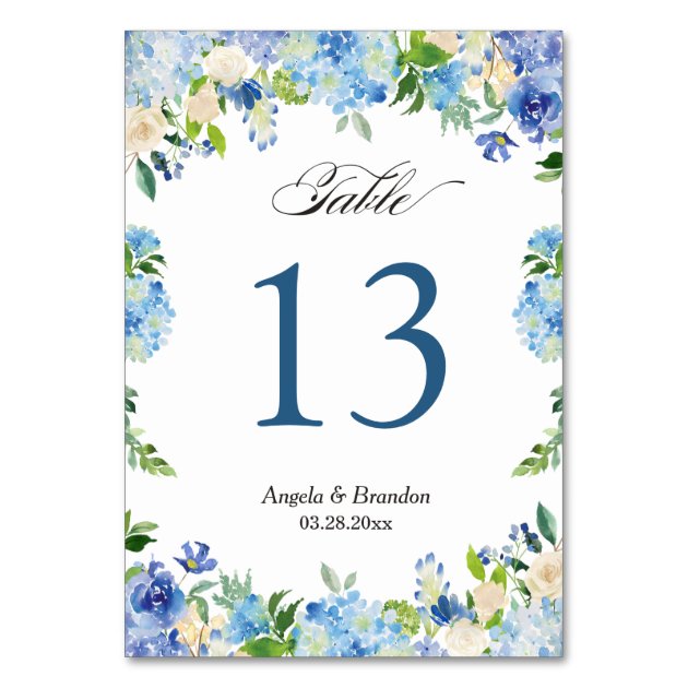Blue Hydrangea Floral Wedding Table Number