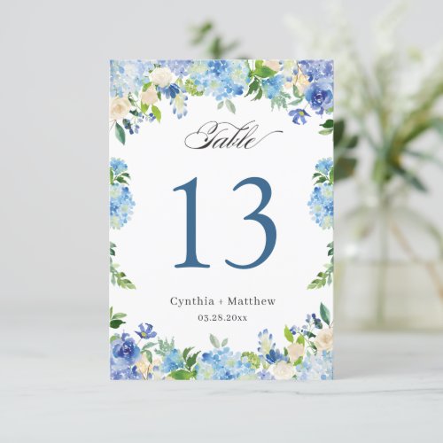 Blue Hydrangea Floral Wedding Table Number Card