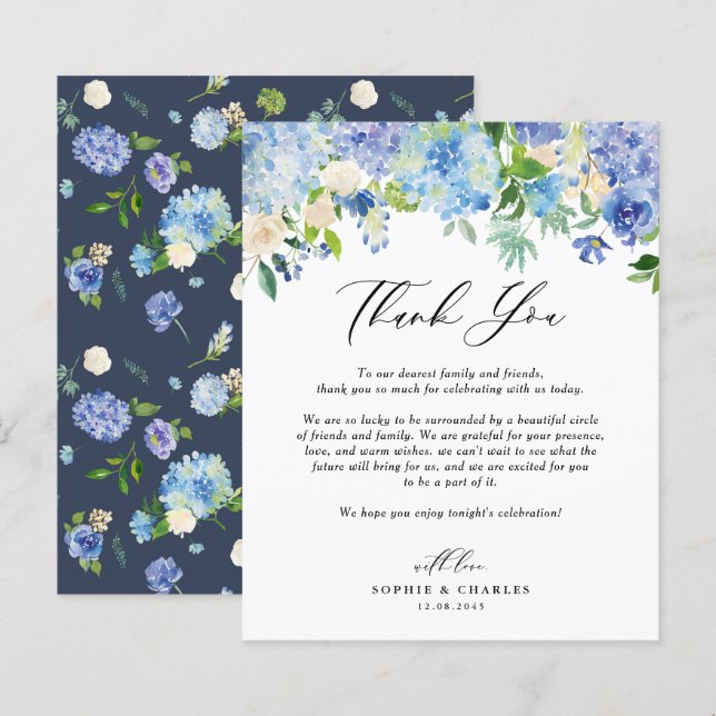 Blue Hydrangea Floral Wedding Thank You Card (Front/Back)