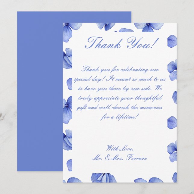 Blue Hydrangea Floral Wedding Thank You Card (Front/Back)