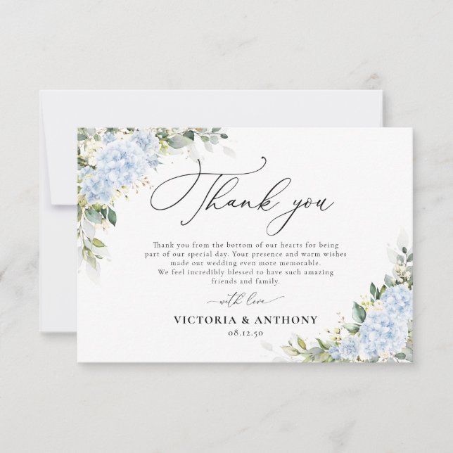 Blue Hydrangea Floral Wedding Thank You Cards (Front)