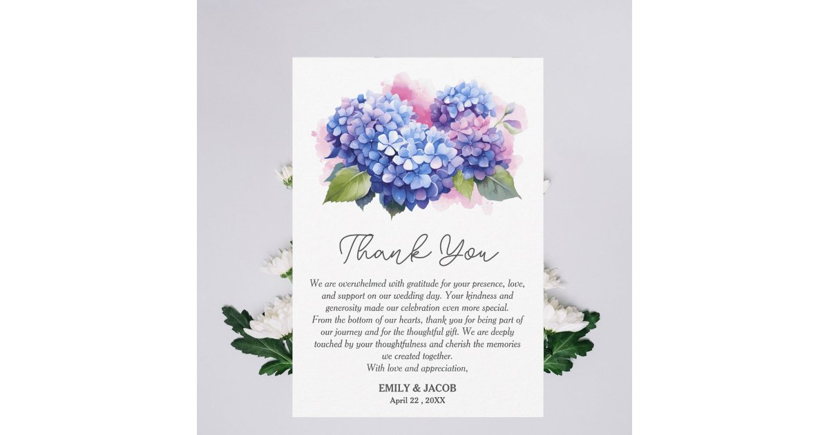 Blue Hydrangea Floral Wedding Theme Thank You Card | Zazzle
