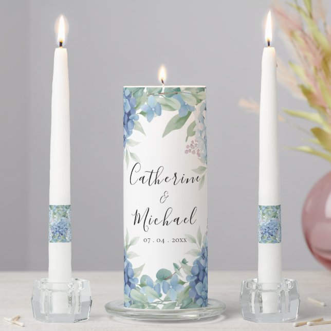 Blue Hydrangea Floral Wedding  Unity Candle Set (In Situ)