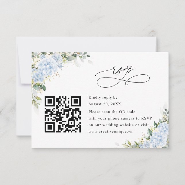 Blue Hydrangea Floral Wedding Website QR Code RSVP Card (Front)
