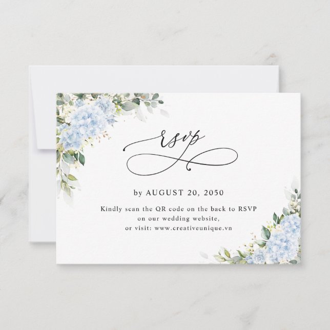 Blue Hydrangea Floral Wedding Website QR Code RSVP Card (Front)