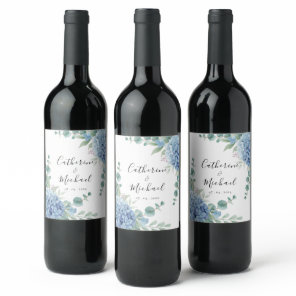 Blue Hydrangea Floral Wedding  Wine Label