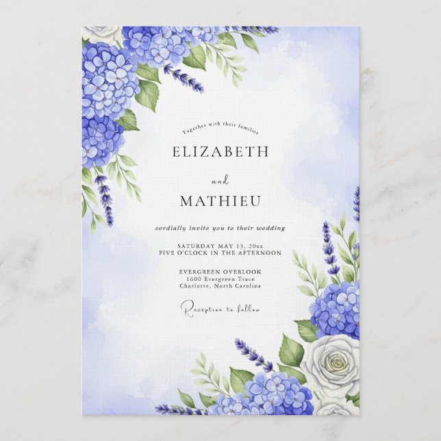 Blue Hydrangea Floral Whimsy Wedding Invitation (Front)