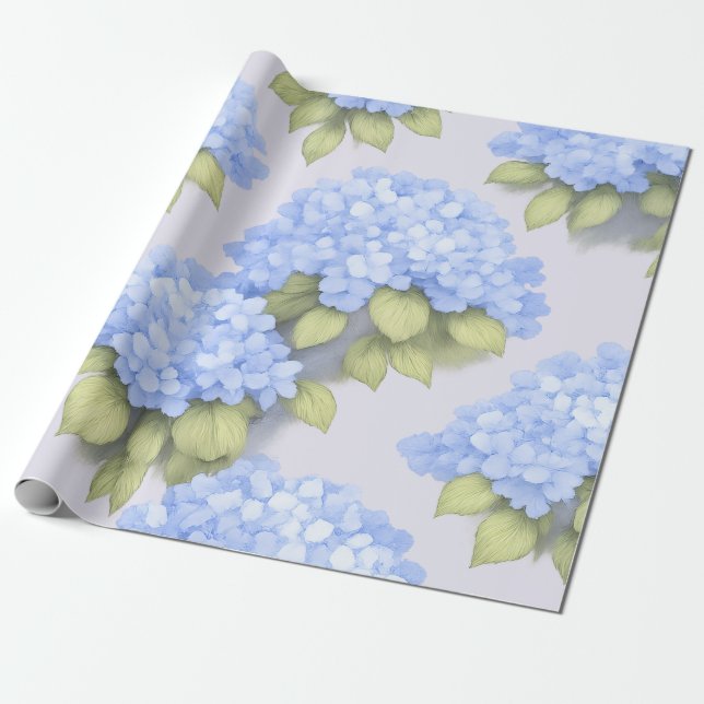 Blue Hydrangea Floral Wrapping Paper (Unrolled)