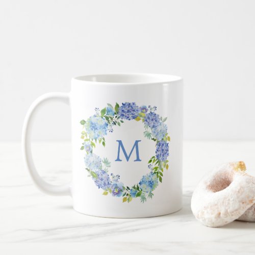 Blue Hydrangea Floral Wreath Monogram Coffee Mug
